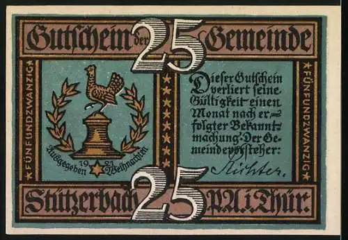 Notgeld Stützerbach, 1921, 25 Pfennig, Leier und Schreiber bei der Arbeit, Wappen mit Hahn und Eichenlaub