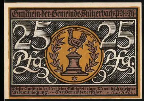 Notgeld Stützerbach 1921, 25 Pfennig, Glocke mit Hahn und Arbeiter an Maschine