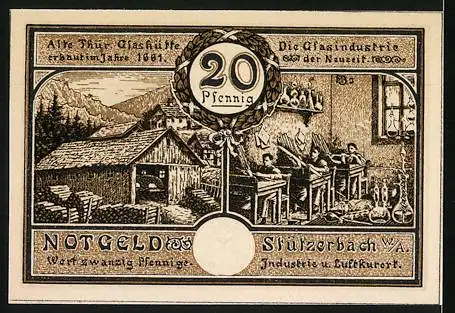 Notgeld Stützerbach 1921, 20 Pfennig, Zahnradbahn und Glasindustrieabbildung