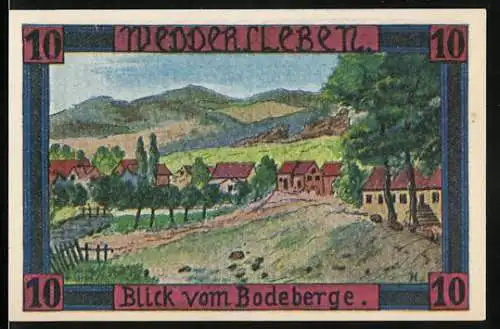 Notgeld Weddersleben, 1921, 10 Pfennig, Blick vom Bodeberge, Gültig bis zum Aufruf, Dreifarbendruck von Oscar Grupe