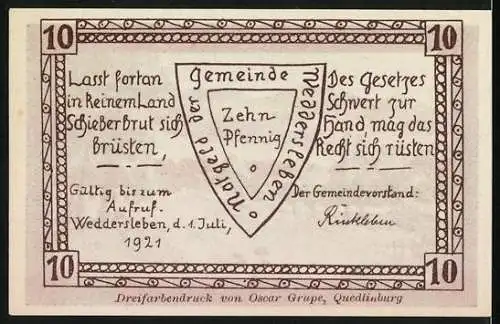 Notgeld Weddersleben, 1921, 10 Pfennig, Blick vom Bodeberge, Gültig bis zum Aufruf, Dreifarbendruck von Oscar Grupe