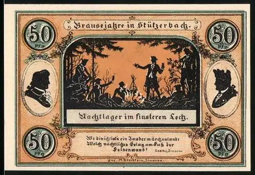 Notgeld Stützerbach 1921, 50 Pfennig, Brausejahre und Jagdschloss mit Jagdszene und Hotelzimmer