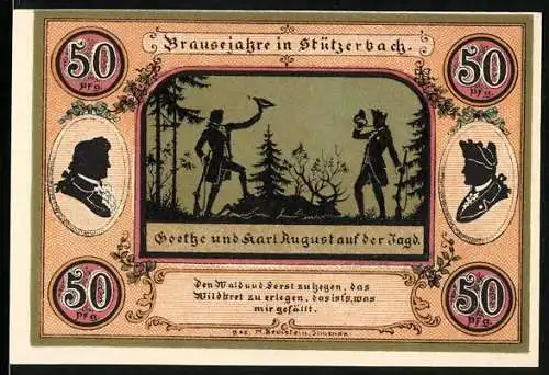Notgeld Stützerbach 1921, 50 Pfennig, Goethe und Karl August auf der Jagd, Jagdschloss 1735 und Goethezimmer