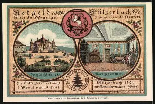 Notgeld Stützerbach 1921, 50 Pfennig, Goethe und Karl August auf der Jagd, Jagdschloss 1735 und Goethezimmer