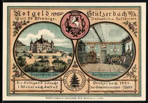 Notgeld Stützerbach 1921, 50 Pfennig, Jagdschloss und Goethezimmer, Brausejahre in Stützerbach