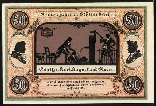 Notgeld Stützerbach 1921, Wert 50 Pfennig, Vorderseite Freigerichtsstein und Alte Schmiede, Rückseite Brausejahre und