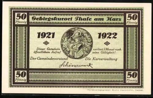 Notgeld Thale am Harz 1921, 50 Pfennig, grün /schwarz, Wappen und Berglandschaft