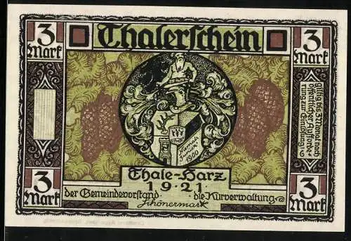 Notgeld Thale 1921, 3 Mark, Vorderseite mit Wappen und Rückseite mit Naturmotiv