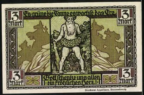 Notgeld Thale 1921, 3 Mark, Vorderseite mit Wappen und Rückseite mit Naturmotiv