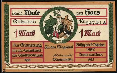 Notgeld Thale /Harz 1921, 1 Mark, Gutschein zur Erinnerung an die Annahme der Städteordnung, Porträts von Stadtbeamten