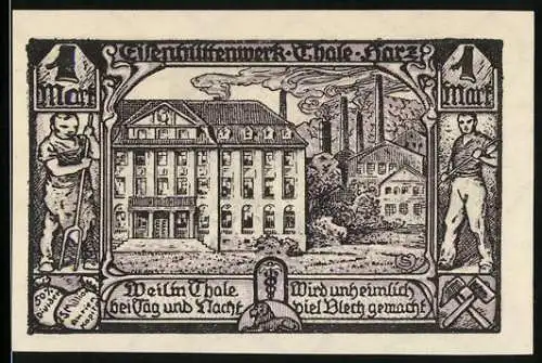 Notgeld Thale 1921, 100 Pfennig, Eisengusswerk und Bergarbeiter, gültig bis 31. Dezember 1922