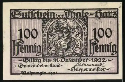 Notgeld Thale 1921, 100 Pfennig, Eisengusswerk und Bergarbeiter, gültig bis 31. Dezember 1922