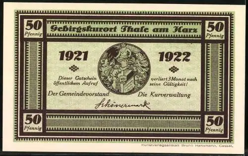 Notgeld Thale, 1921-1922, 50 Pfennig, Gebirgskurort und Wappen, Kunstverlagsanstalt Bruno Hansmann, Cassel