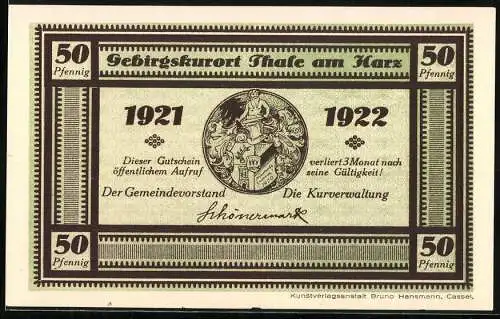 Notgeld Thale am Harz 1921, 50 Pfennig, Vorderseite mit Wappen und Gültigkeitsvermerk, Rückseite mit Gesamtansicht