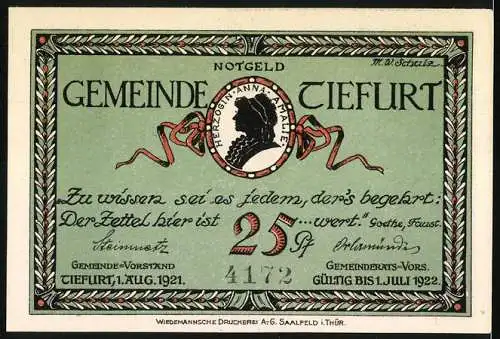 Notgeld Tiefurt 1921, 25 Pfennig, Gemeinde Tiefurt mit Goethe Zitat und Abbildung eines Herrenhauses