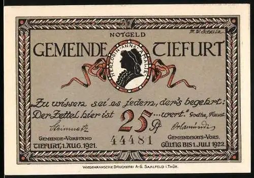 Notgeld Tiefurt, 1921, 25 Pf, Goethe-Zitat und Gebäudeabbildung