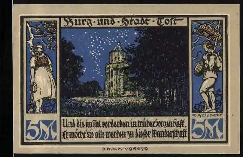 Notgeld Gleiwitz, 5 Mark, Burg und Stadt Tost mit Burgturm und floralen Mustern