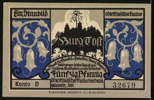 Notgeld Gleiwitz, 50 Pfennig, Burg- und Stadtansicht mit mittelalterlichen Figuren und Blumenornamenten