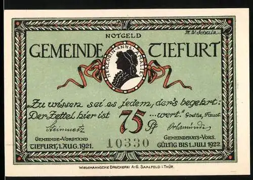 Notgeld Tiefurt, 1921, 75 Pf, Herzogin Anna Amalia, Goethe-Zitat, Druckerei Saalfeld