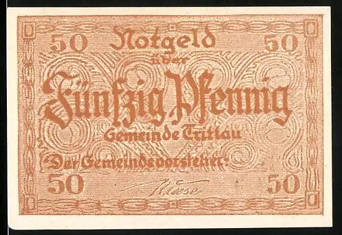 Notgeld Trittau, 50 Pfennig, braune Banknote mit Gebäude und Text in Frakturschrift