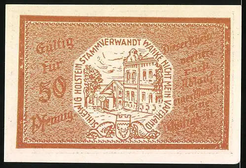 Notgeld Trittau, 50 Pfennig, braune Banknote mit Gebäude und Text in Frakturschrift