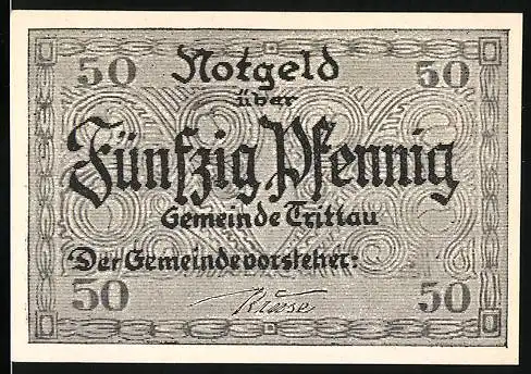 Notgeld Trittau, 50 Pfennig, Vorderseite Text und Rückseite Gebäudeillustration