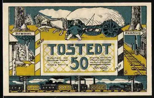 Notgeld Tostedt 1921, 50 Pfennig, mit Abbildungen von Pferd und Wagen, Bahnschienen, und symbolischen Darstellungen