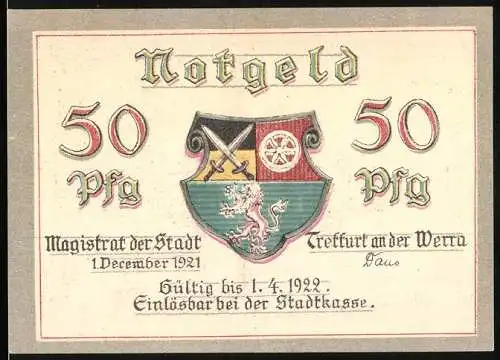 Notgeld Treffurt an der Werra 1921, 50 Pfennig, Wappen der Stadt und Gebäudeansicht