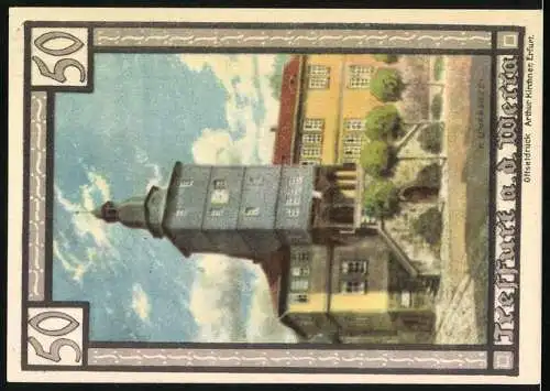 Notgeld Treffurt an der Werra 1921, 50 Pfennig, Wappen der Stadt und Gebäudeansicht