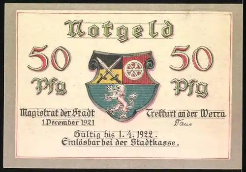 Notgeld Treffurt a.d. Werra, 1921, 50 Pfennig, Stadtansicht und Stadtwappen, gültig bis 1.4.1922