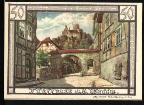 Notgeld Treffurt a.d. Werra, 1921, 50 Pfennig, Stadtansicht mit Torbogen und Wappen der Stadt auf Rückseite