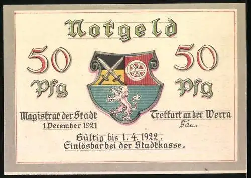 Notgeld Treffurt a.d. Werra, 1921, 50 Pfennig, Stadtansicht mit Torbogen und Wappen der Stadt auf Rückseite