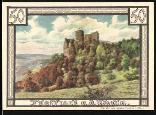 Notgeld Treffurt a.d. Werra, 1921, 50 Pf, Burg auf Hügel, Wappen mit Löwe und Symbolen, gültig bis 1.4.1922