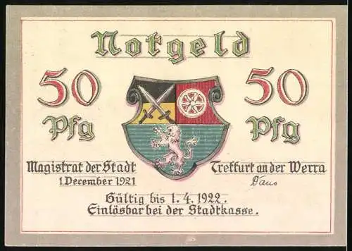 Notgeld Treffurt a.d. Werra, 1921, 50 Pf, Burg auf Hügel, Wappen mit Löwe und Symbolen, gültig bis 1.4.1922