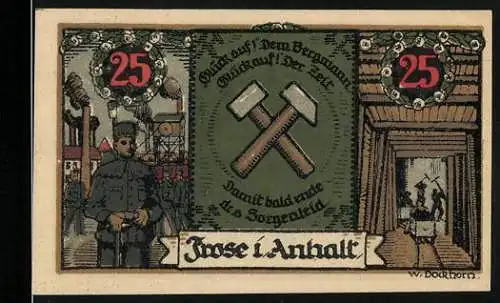 Notgeld Frose i. Anhalt, 1921, 25 Pfennig, Bergmann mit Schlägel und Eisen, Fackelträger, gültig bis 4 Wochen nach ö