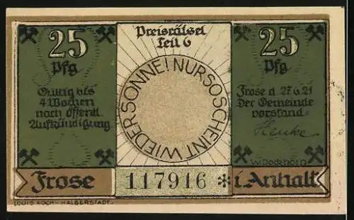 Notgeld Frose i. Anhalt, 1921, 25 Pfennig, Bergmann mit Schlägel und Eisen, Fackelträger, gültig bis 4 Wochen nach ö