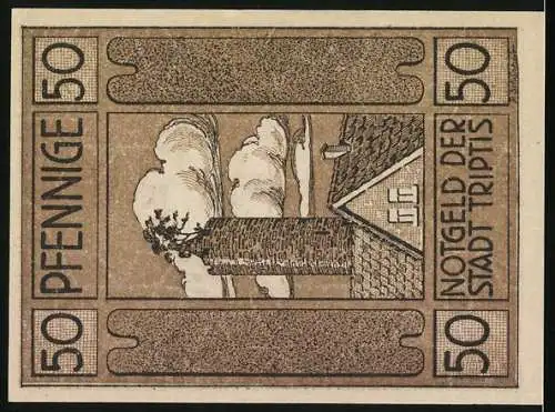 Notgeld Triptis 1921, 50 Pfennig, Stadtwappen und Fabriklandschaft