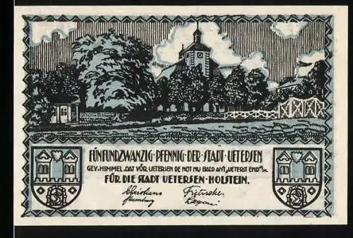 Notgeld Uetersen, 1921, 25 Pfennig, Stadtansicht mit Kirche und Fabriklandschaft