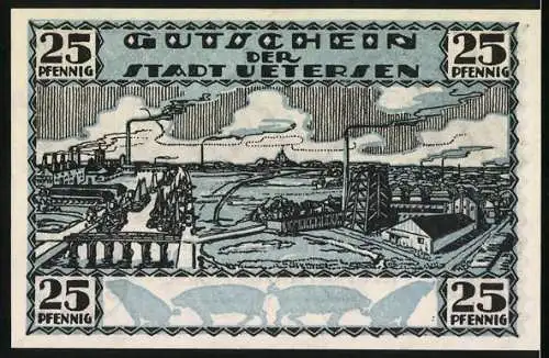 Notgeld Uetersen, 1921, 25 Pfennig, Stadtansicht mit Kirche und Fabriklandschaft