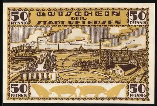 Notgeld Uetersen, 50 Pfennig, Gutschein der Stadt Uetersen mit Industrie- und Landschaftsmotiven, Rückseite mit Turm