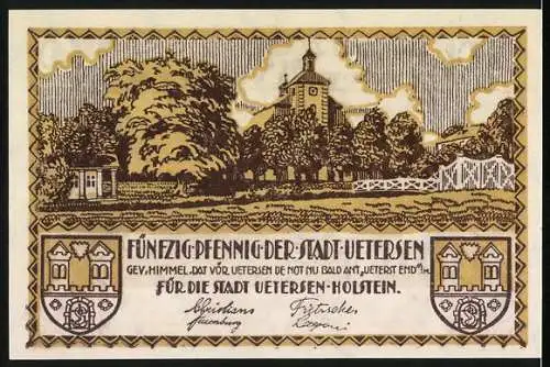 Notgeld Uetersen, 50 Pfennig, Gutschein der Stadt Uetersen mit Industrie- und Landschaftsmotiven, Rückseite mit Turm