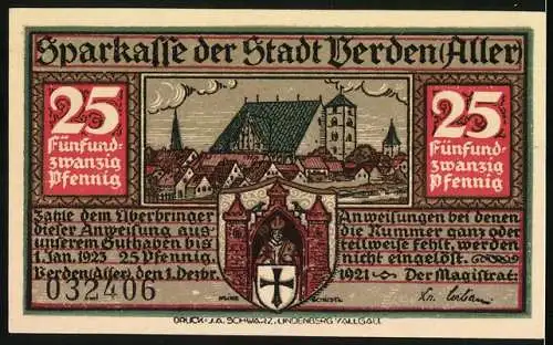 Notgeld Verden 1921, 25 Pfennig, Illustration von Stadtansicht und historischem Gedenken