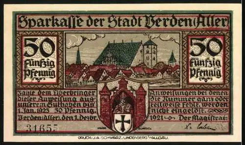 Notgeld Verden Aller, 1921, 50 Pfennig, Sparkasse der Stadt Verden Aller mit Stadtansicht und historische Bestrafung