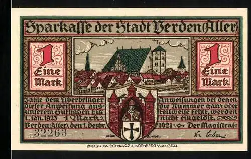 Notgeld Verden Aller, 1921, 1 Mark, Sparkasse der Stadt Verden Aller, Stadtansicht und historische Szene