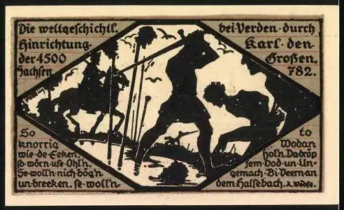 Notgeld Verden Aller, 1921, 1 Mark, Sparkasse der Stadt Verden Aller, Stadtansicht und historische Szene