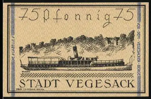 Notgeld Vegesack, 1921, 75 Pfennig, Stadtansicht mit Schiff und Wappen der Stadt, Nummer 39223