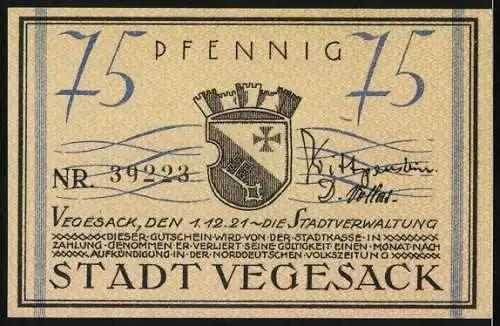 Notgeld Vegesack, 1921, 75 Pfennig, Stadtansicht mit Schiff und Wappen der Stadt, Nummer 39223