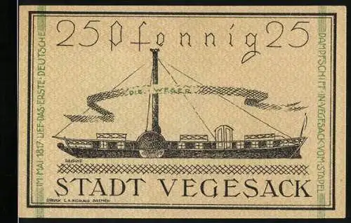 Notgeld Vegesack, 1921, 25 Pfennig, Dampfschiff Die Weser und Stadtwappen, Seriennummer 11992