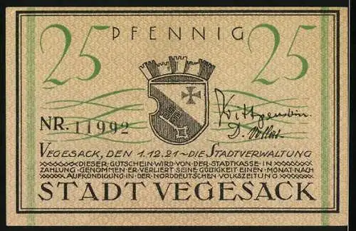 Notgeld Vegesack, 1921, 25 Pfennig, Dampfschiff Die Weser und Stadtwappen, Seriennummer 11992