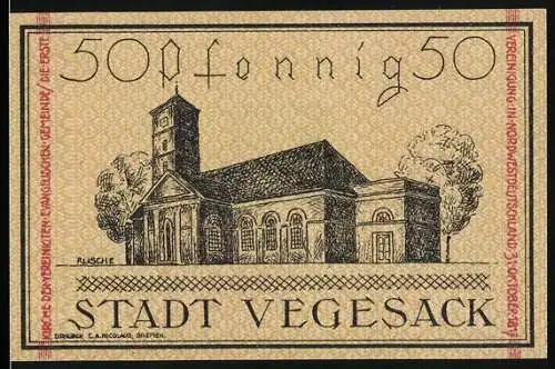 Notgeld Vegesack 1921, 50 Pfennig, Abbildung einer Kirche und Stadtwappen